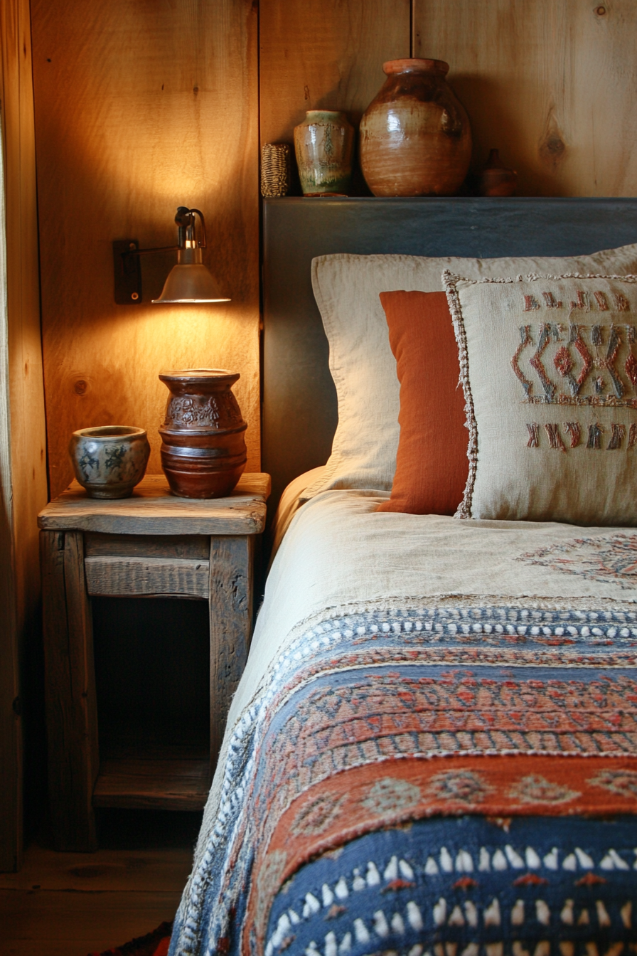 Southwestern tiny house bedroom. Detailed clay pottery adorning warm, oakwood bedside table.