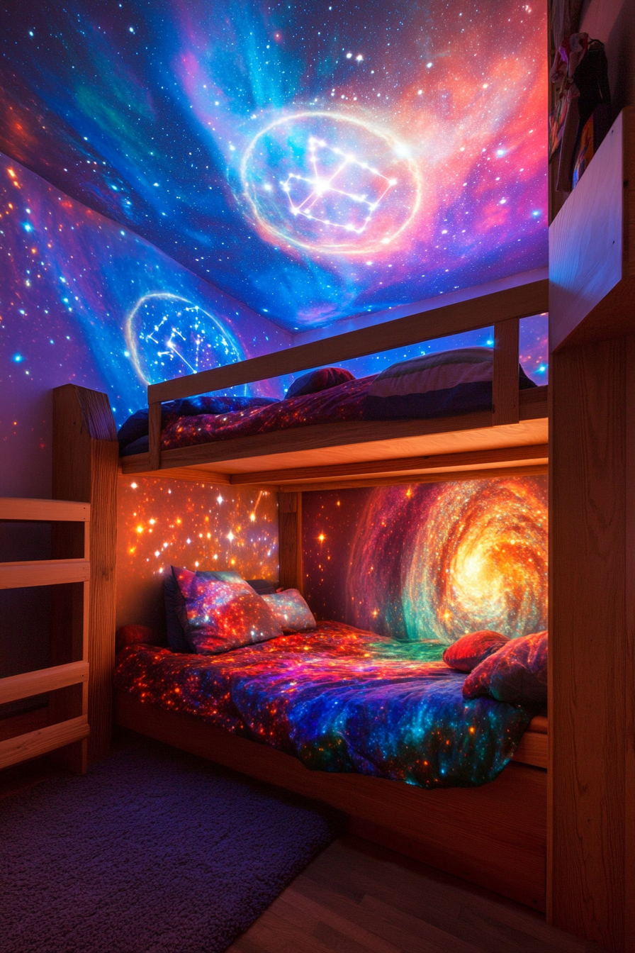 Space-themed sleeping quarters. Orion constellation star projections on a nebula-colored loft bed.