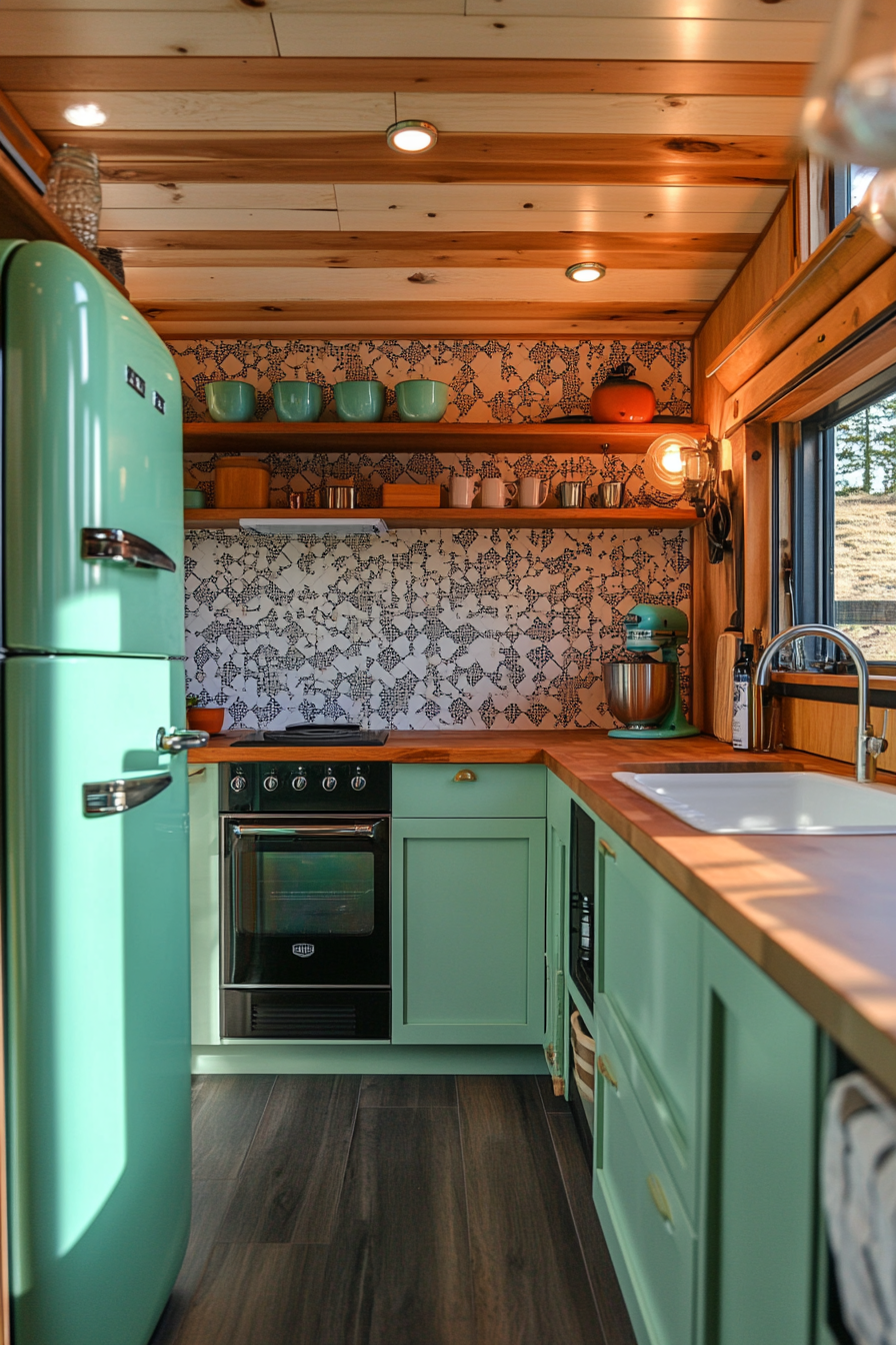 Wide angle view. Tiny house kitchen. Geometric-pattern tiles, touch-to-open cabinets, mint-green vintage refrigerator.