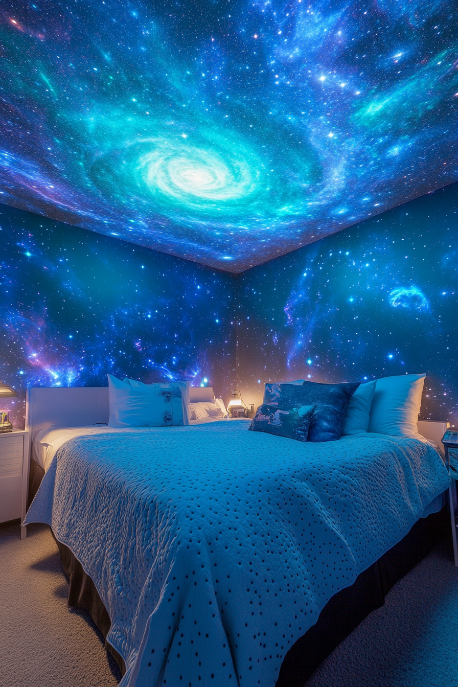 Wide angle view. space-themed sleeping quarters, glowing stars projection, dusted nebula aqua wallpaper.