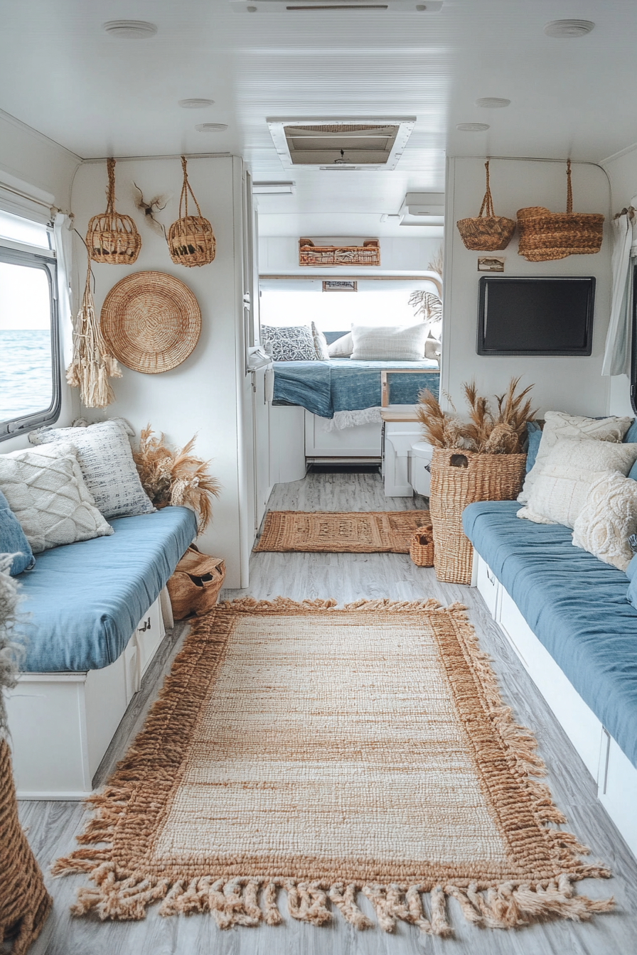 Coastal-inspired RV. Seashells, ocean-blue upholstery, natural fiber rugs, viewed in wide angle.