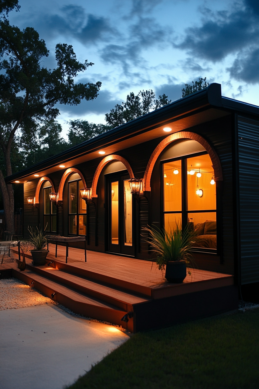 Wide angle view. Dark, sophisticated mobile home, arched details, terra cotta accents.