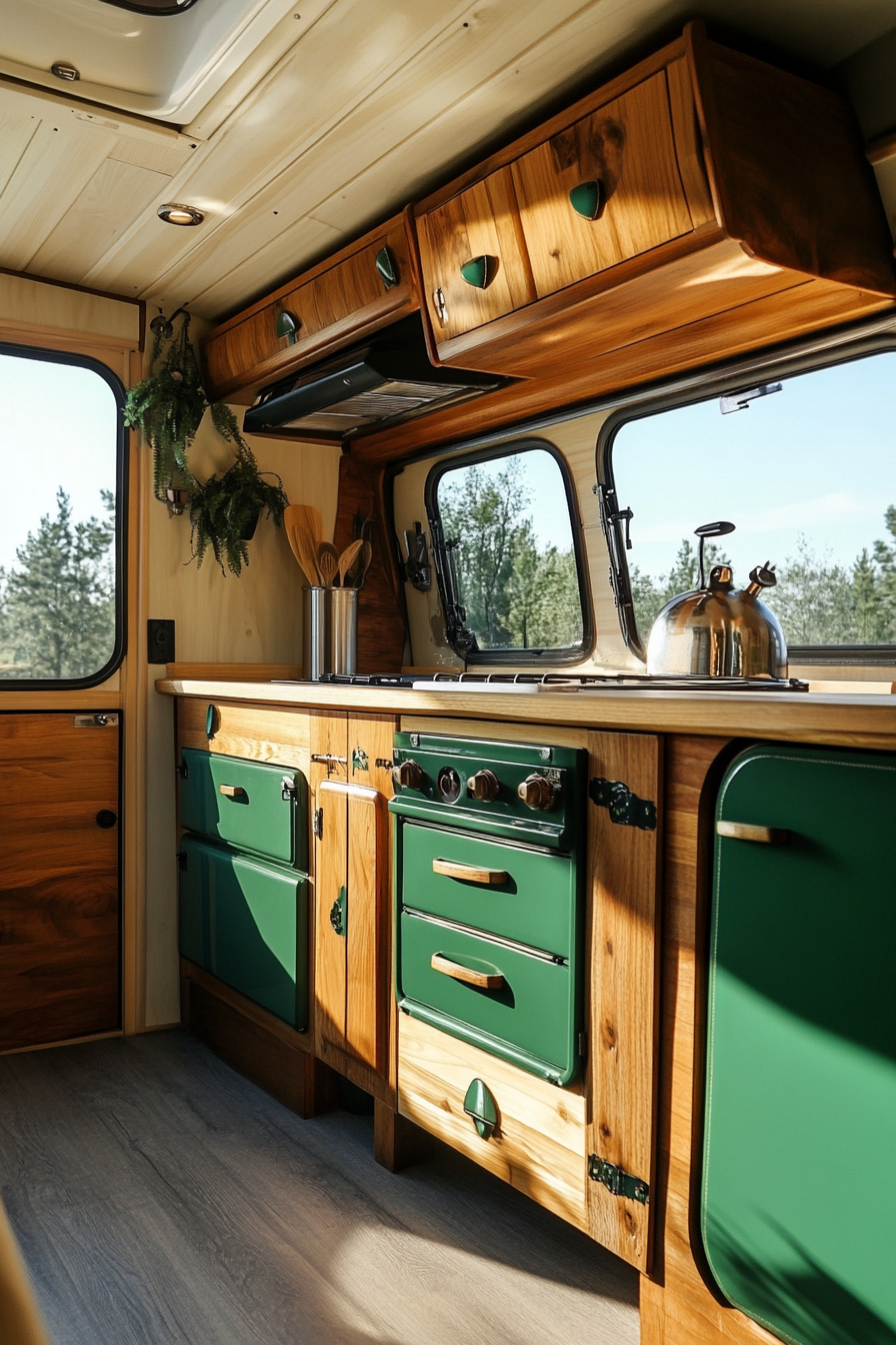 Wide angle view. Classic camper kitchen with teak cabinets and green retro-inspired hardware.