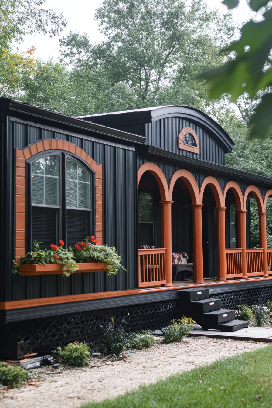 Wide angle view. Dark mobile home with arched details and terra cotta accents.