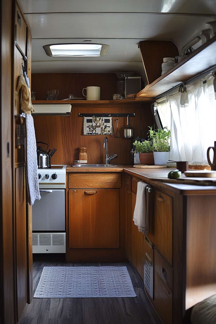 Wide angle view. Camper kitchen with teak cabinets and retro hardware.