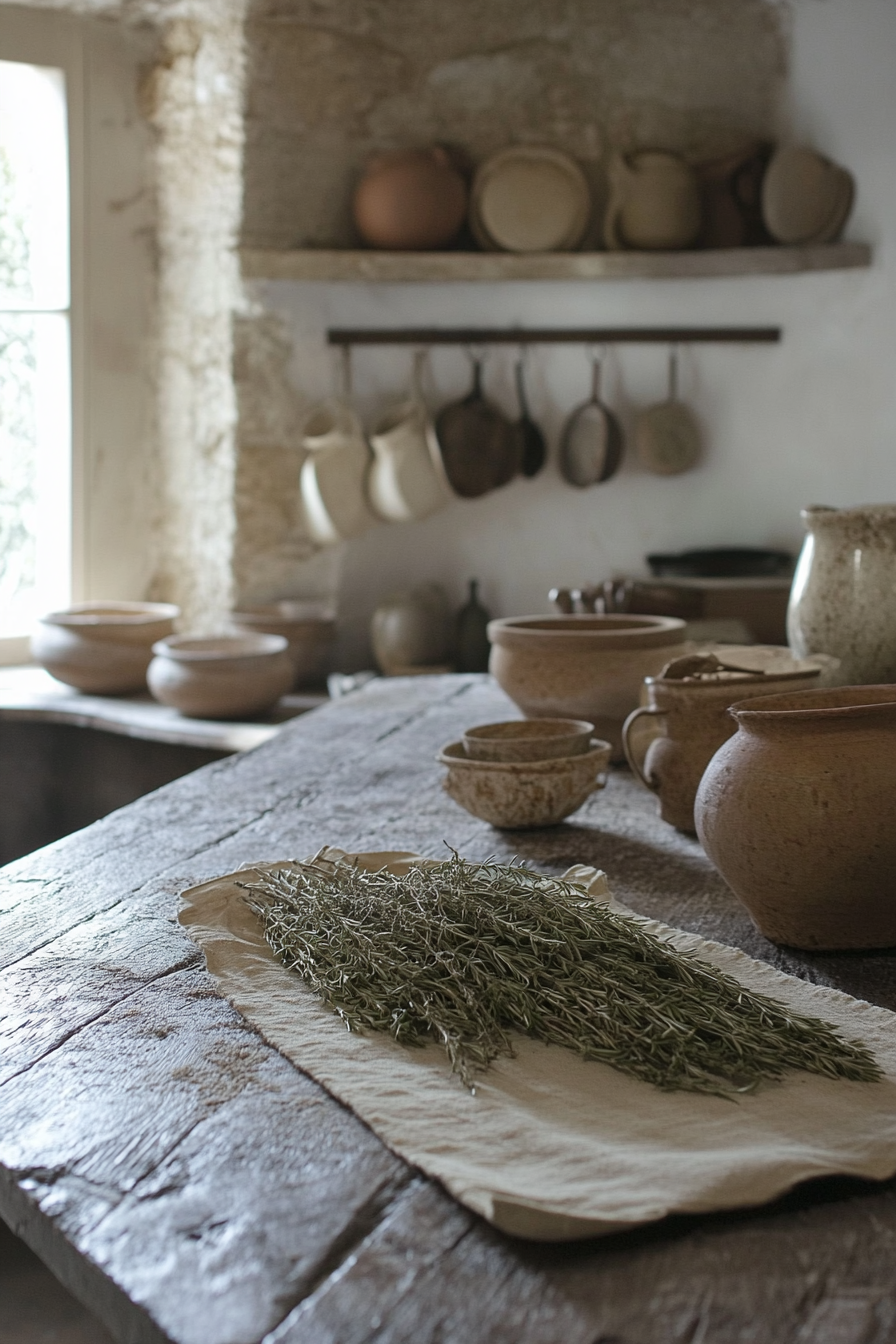 Wide angle view of provincial kitchen. Drying rosemary, practical pottery array.