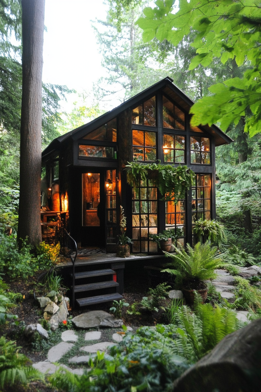 Wide angle view. Tiny house with hanging ferns and greenhouse windows.