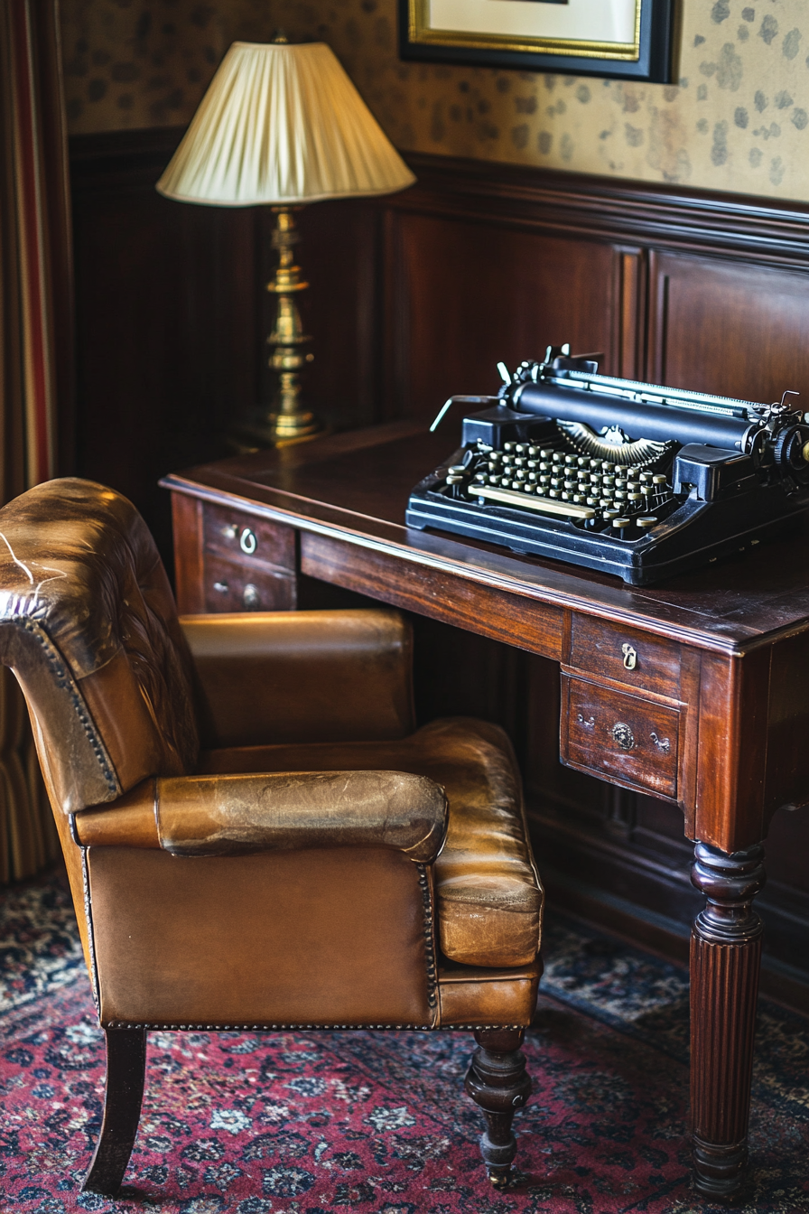 Professional mobile workspace. Leather armchair beside mahogany desk with vintage typewriter and brass table lamp.