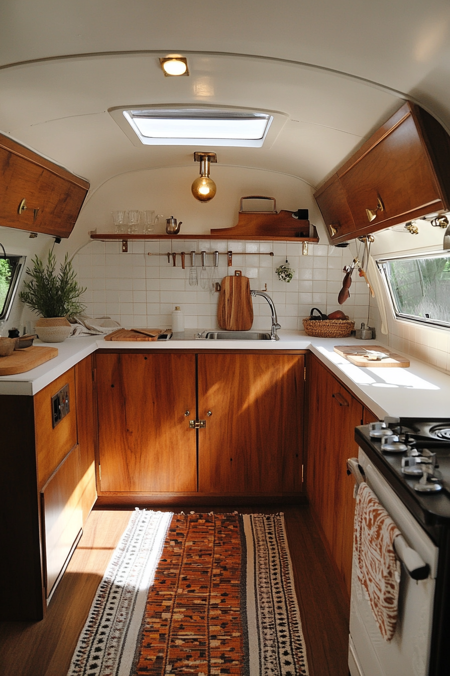 Wide angle view. Classic camper kitchen, teak cabinets, retro-inspired hardware.