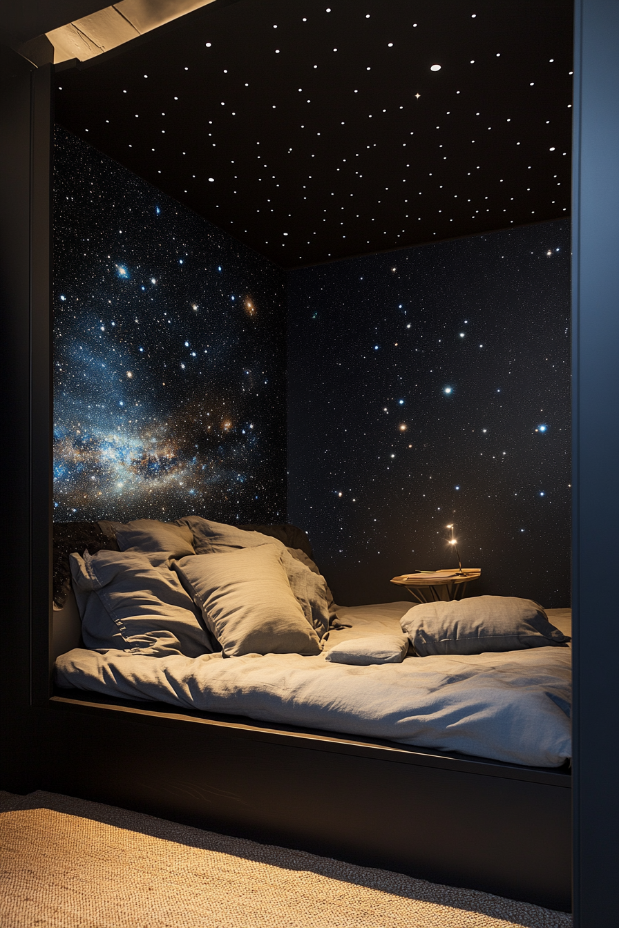 Wide angle shot. Space at night, starry wall decals, corner murphy bed in metal color.