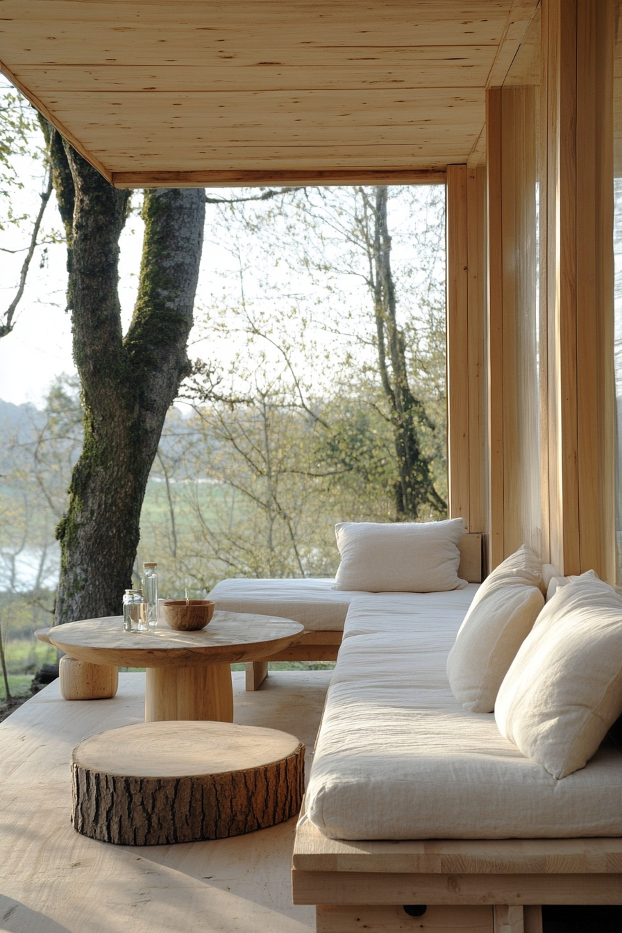 Natural mobile home. Light oak exterior with organic cotton furnishings and expansive view.