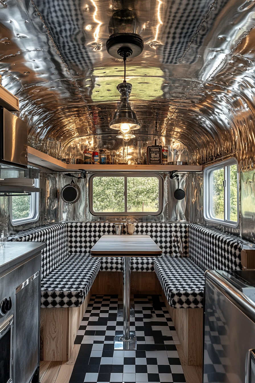 Classic Americana tiny house kitchen view. Wide-angle, chrome details, check-patterned booth seating.