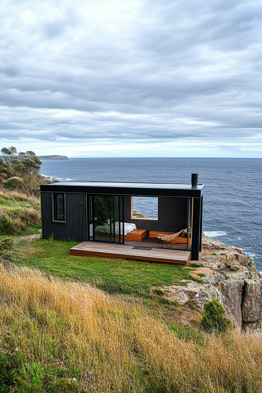 Wide angle view. Tiny sleek home with in-built seating on a clifftop, overlooking panoramic ocean.