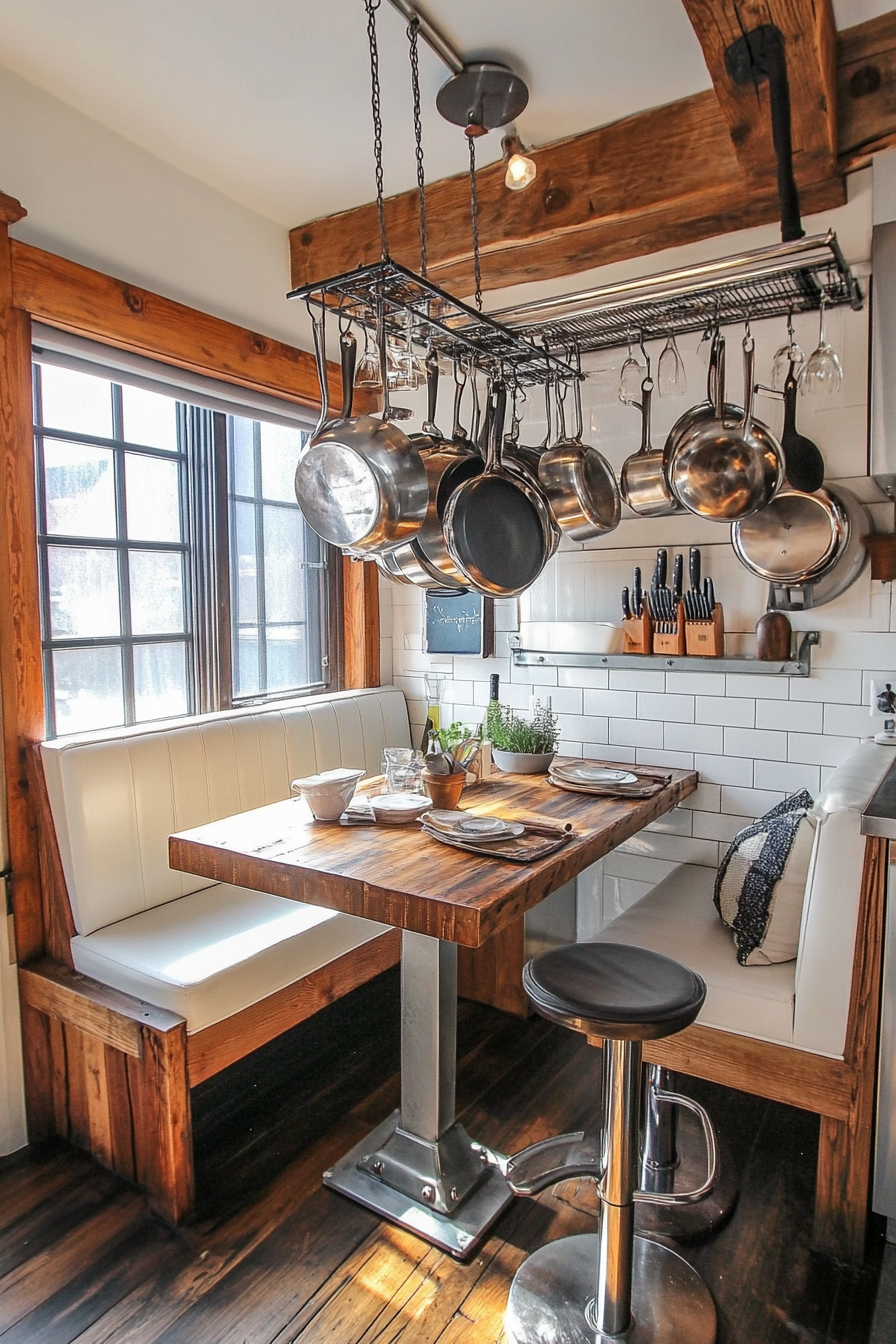 Tiny Americana kitchen. Chrome pot rack over natural wood island, booth seating.