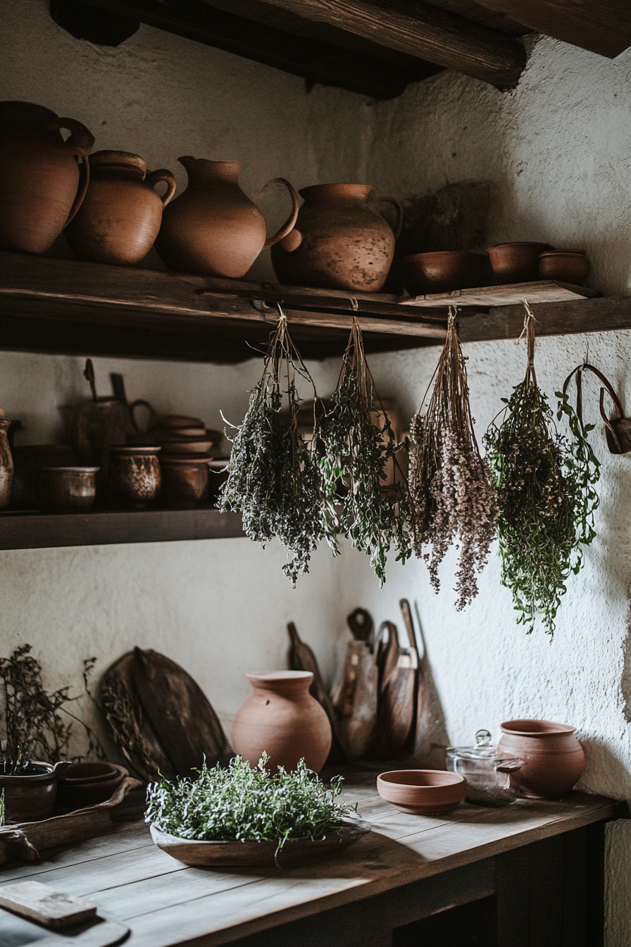 Wide angle view of provincial kitchen. Dry herbs hanging, earthen pottery on rustic wooden shelves.