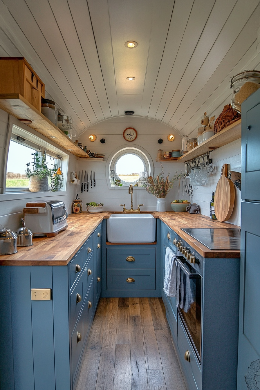 Wide angle view. Slate blue retro-inspired tiny house kitchen. Polished wood countertops, sleek cabinets, vintage appliances.