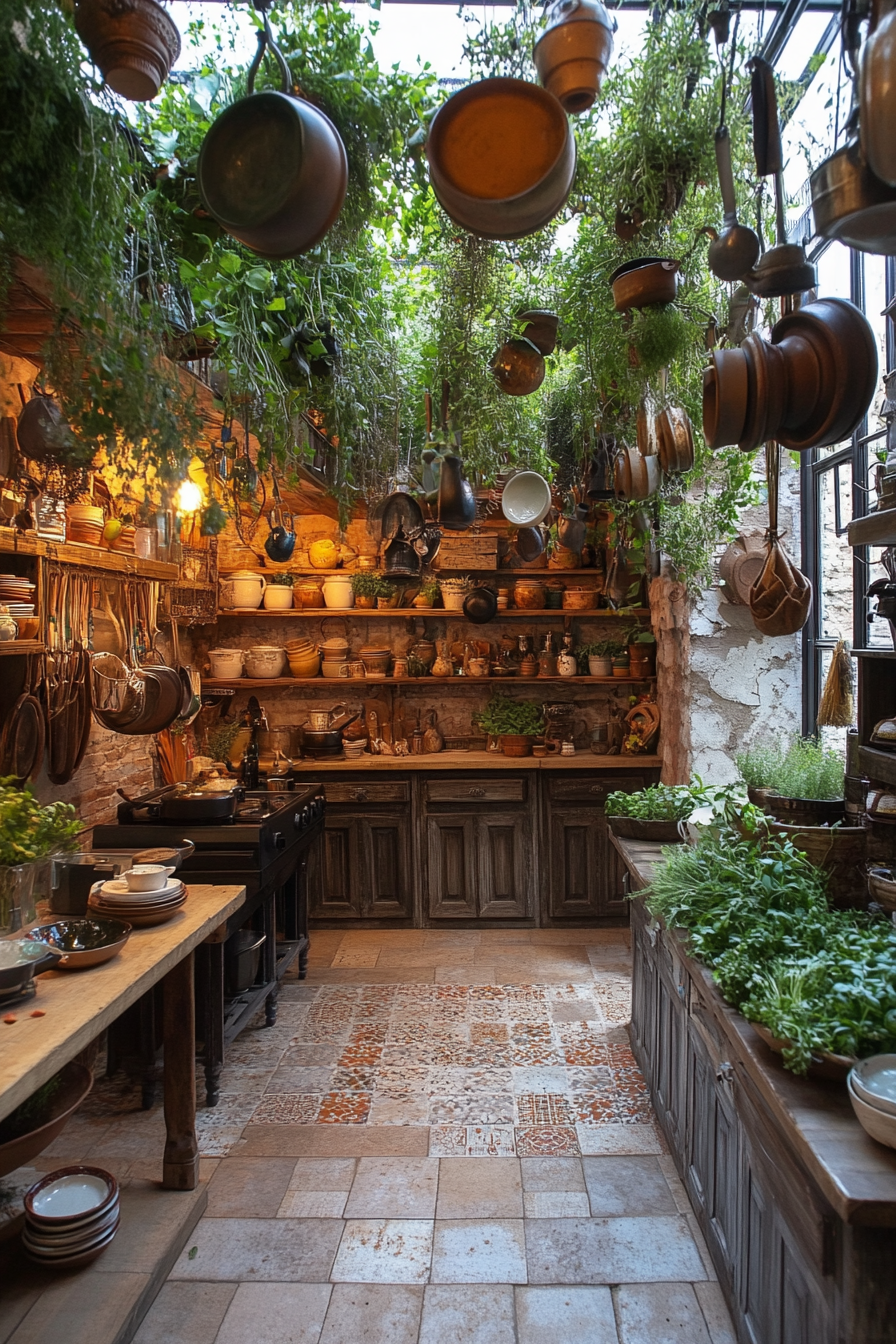 Wide-angle view. Provincial cooking space, drying herbs, pottery collections, hint of aged bricks.