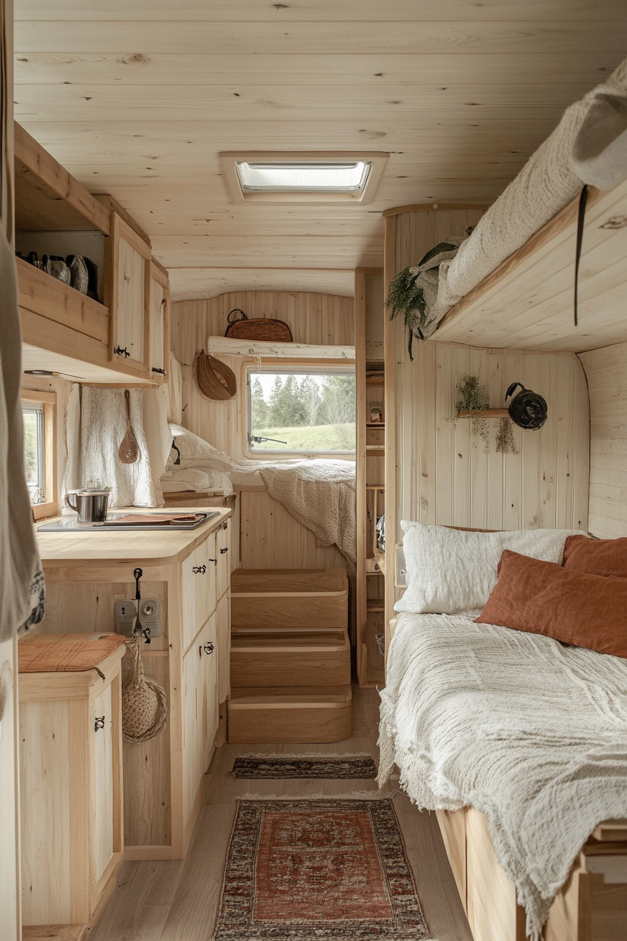 Natural mobile home view. Wide-angle, light woods, organic textiles.