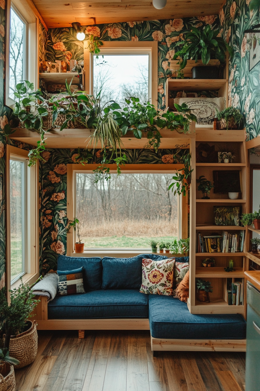 Wide angle view of tiny house. Botanical wallpaper, plant-filled with greenhouse windows.