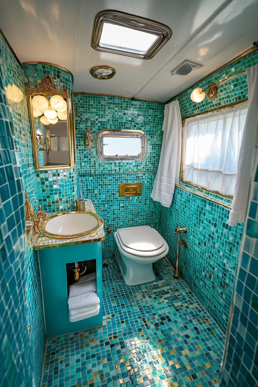 Wide angle view. 1950s RV bathroom featuring vintage teal mosaic tiles and gold traditional fixtures.