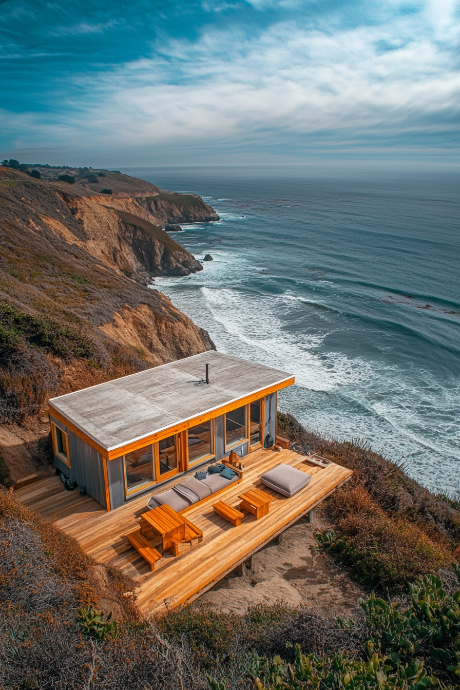 Wide angle view. Tiny home platform with built-in seating, on clifftop overlooking panoramic ocean.