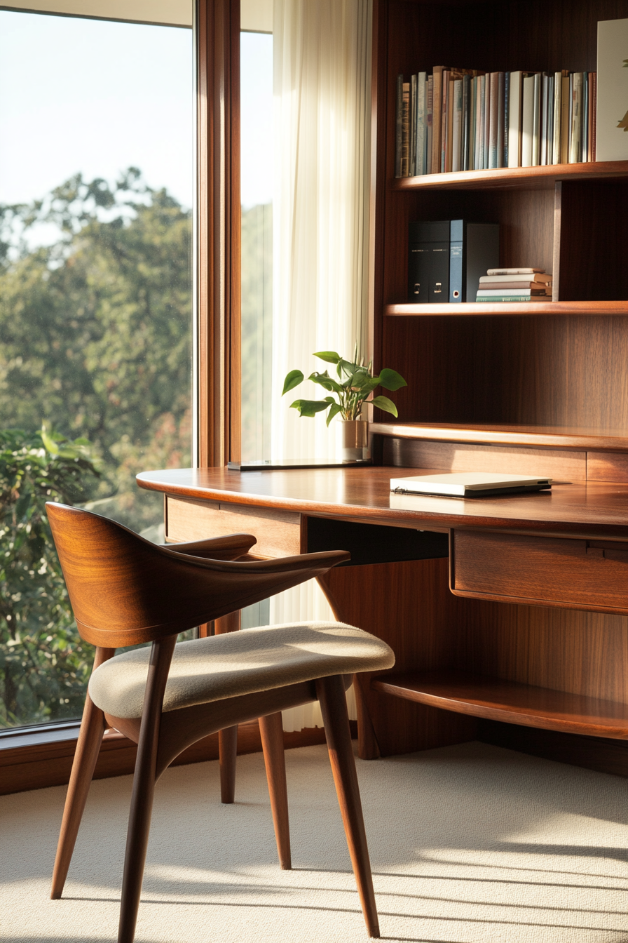 Professional mobile workspace. Rich mahogany desk with mid-century teak chair and wide-angle view.