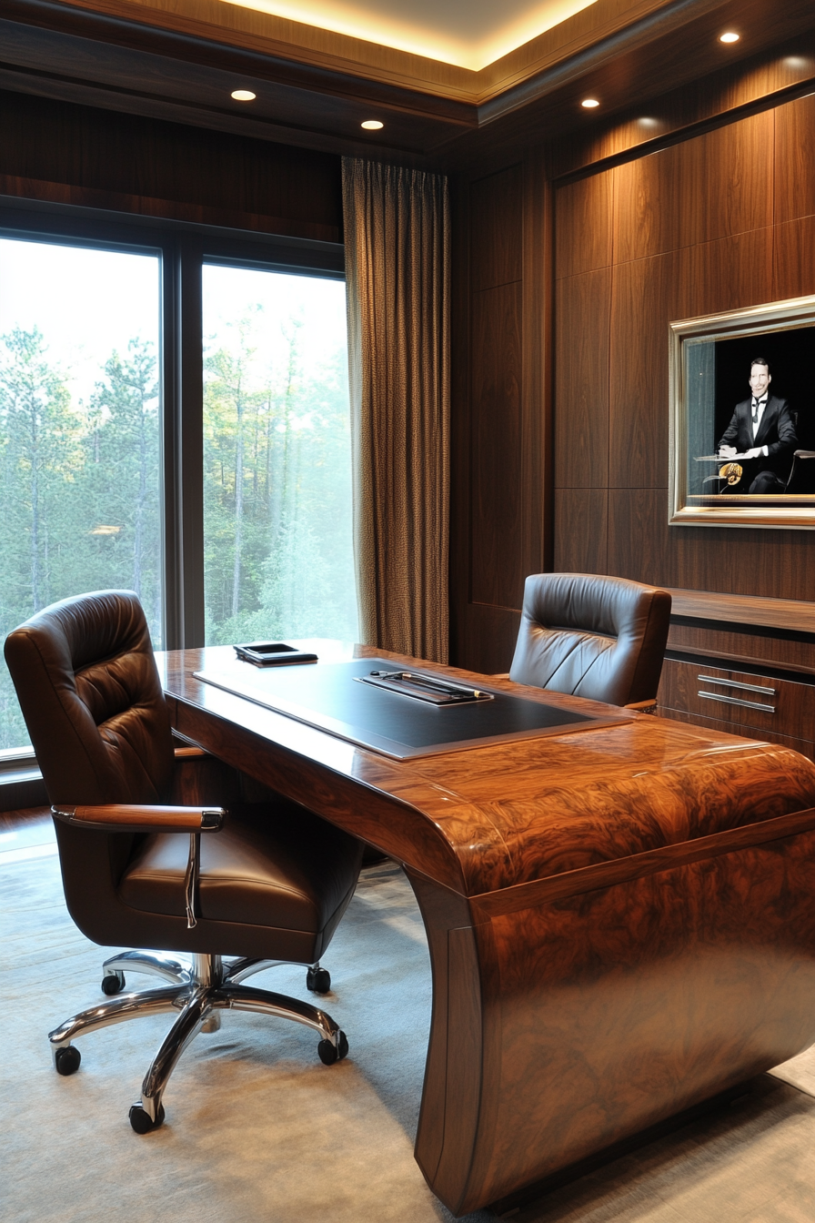 Wide angle view. Walnut executive desk with leather chair in an upscale mobile workspace.