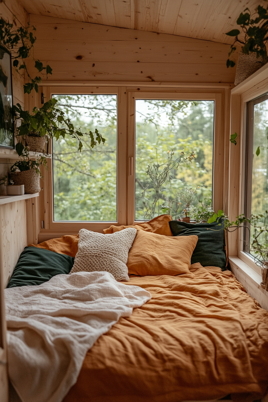 Wide angle view. Natural tiny house bedroom, hemp bedding, unadorned wooden decor.