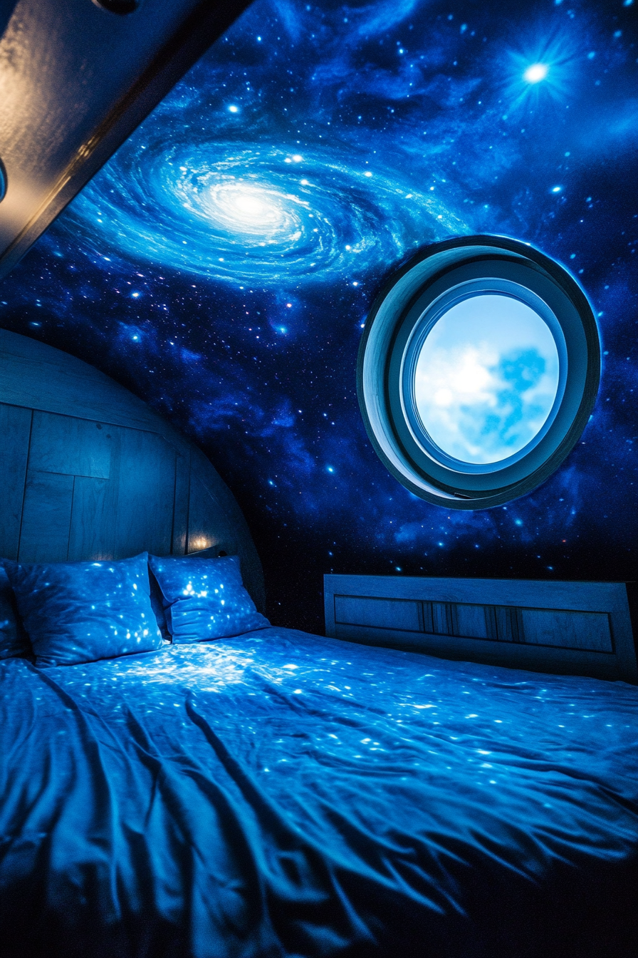 Space-themed sleeping quarters. Star projection on blue nebula-painted ceiling with a round window.