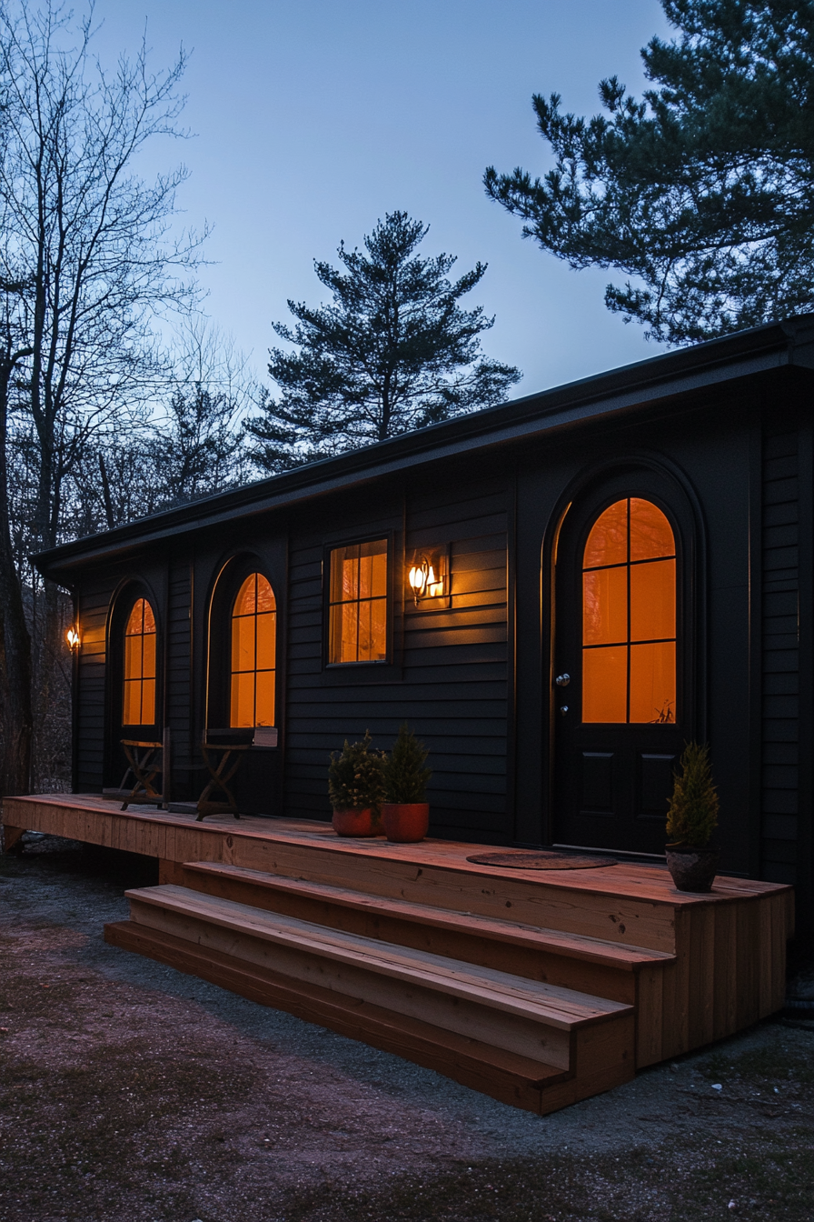 Wide angle view. Dark mobile home with arched details, terra cotta accents.