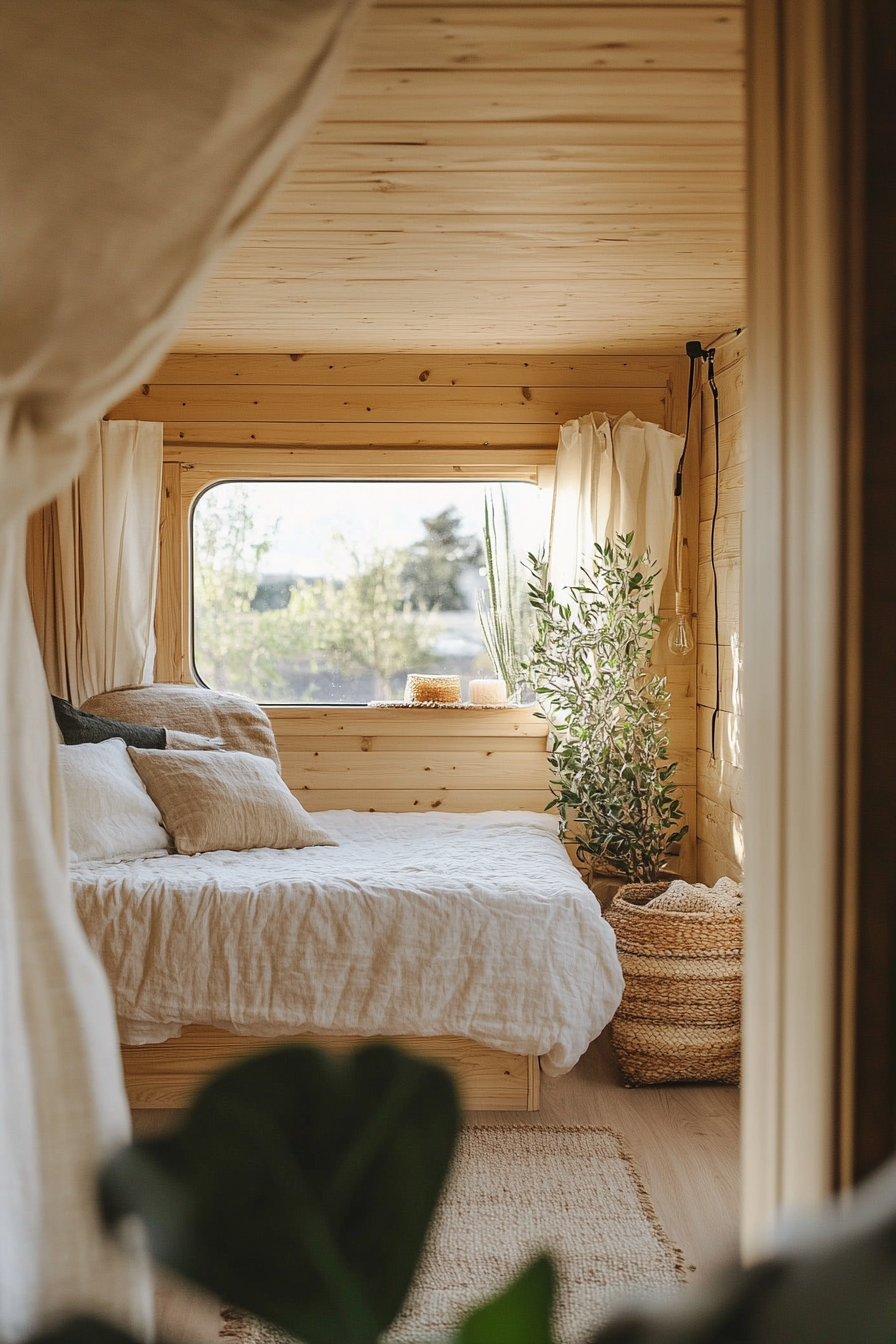 Natural mobile home view. Light wood interior with organic textile accents.