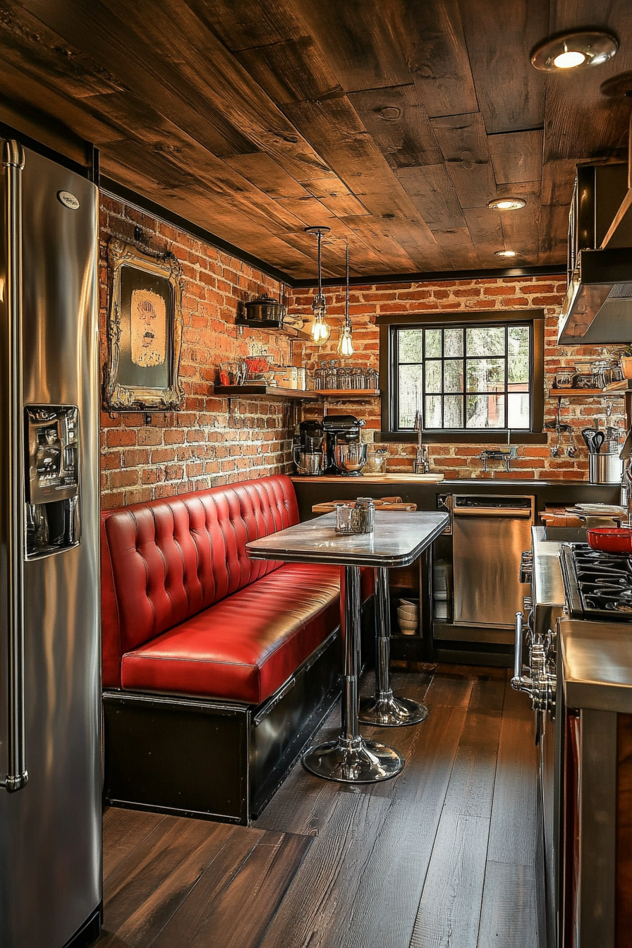 Wide angle view of tiny Americana house kitchen. Chrome accents, booth seating, and exposed brick.