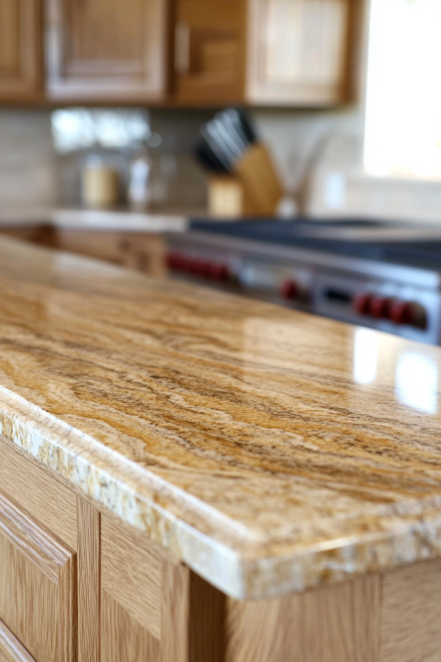 Premium kitchen design. Granite countertops with oak wood cabinets.