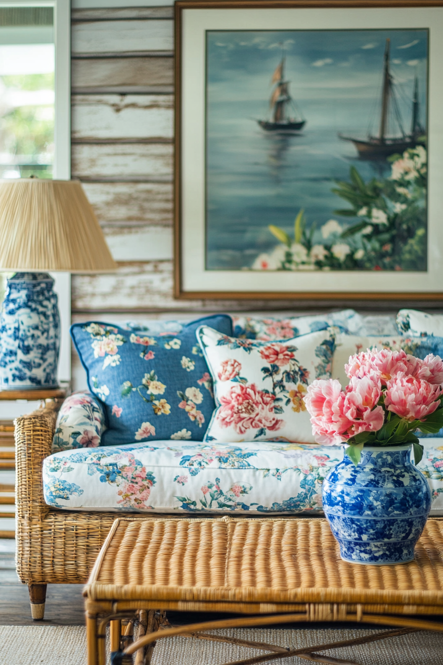 Coastal living space. Vintage floral sofa, blue chinoiserie vase, woven rattan coffee table.