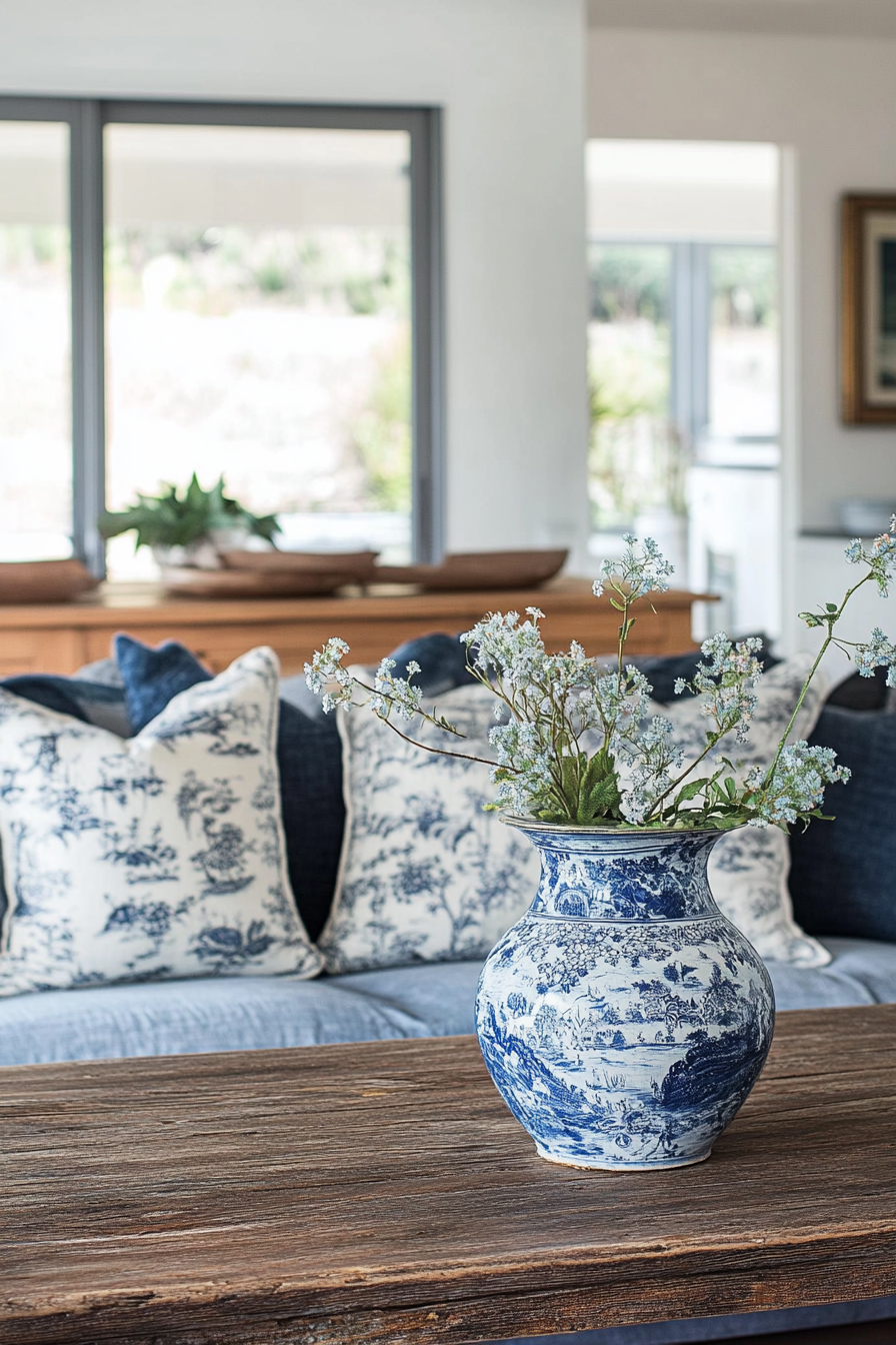 Coastal living space. Distressed wooden table with blue chinoiserie vase and vintage floral pattern cushions.