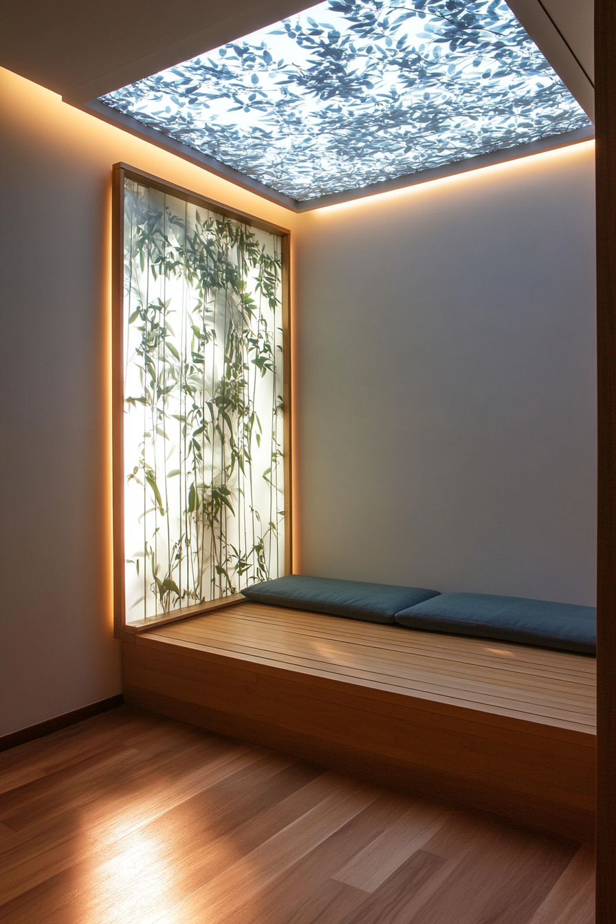 Meditation space. Compact bamboo built-in bench under soft-lit blue-eucalyptus diffuser by skylight.