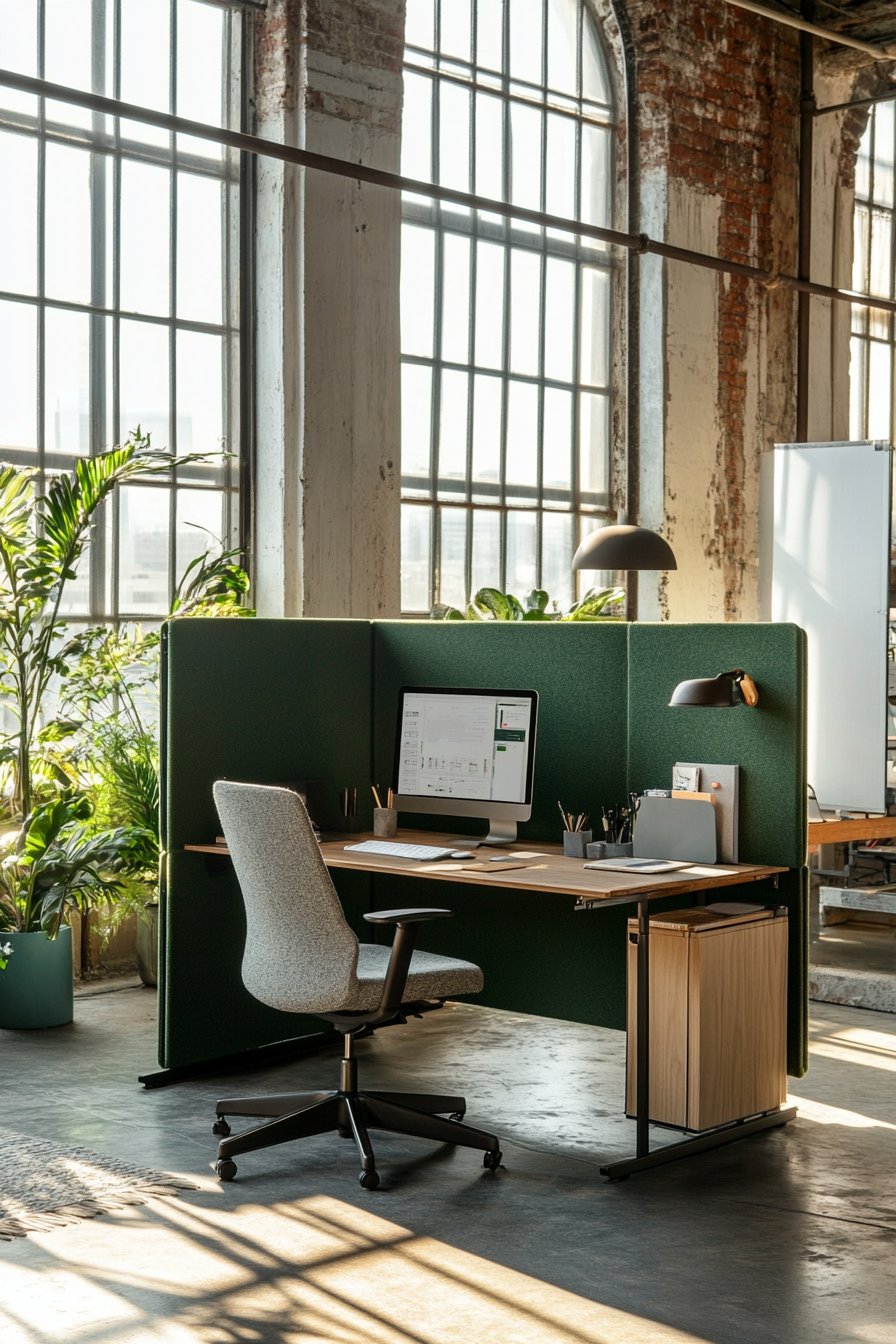 Remote workspace. Modular desk, green divider, convertible nook under industrial windows.