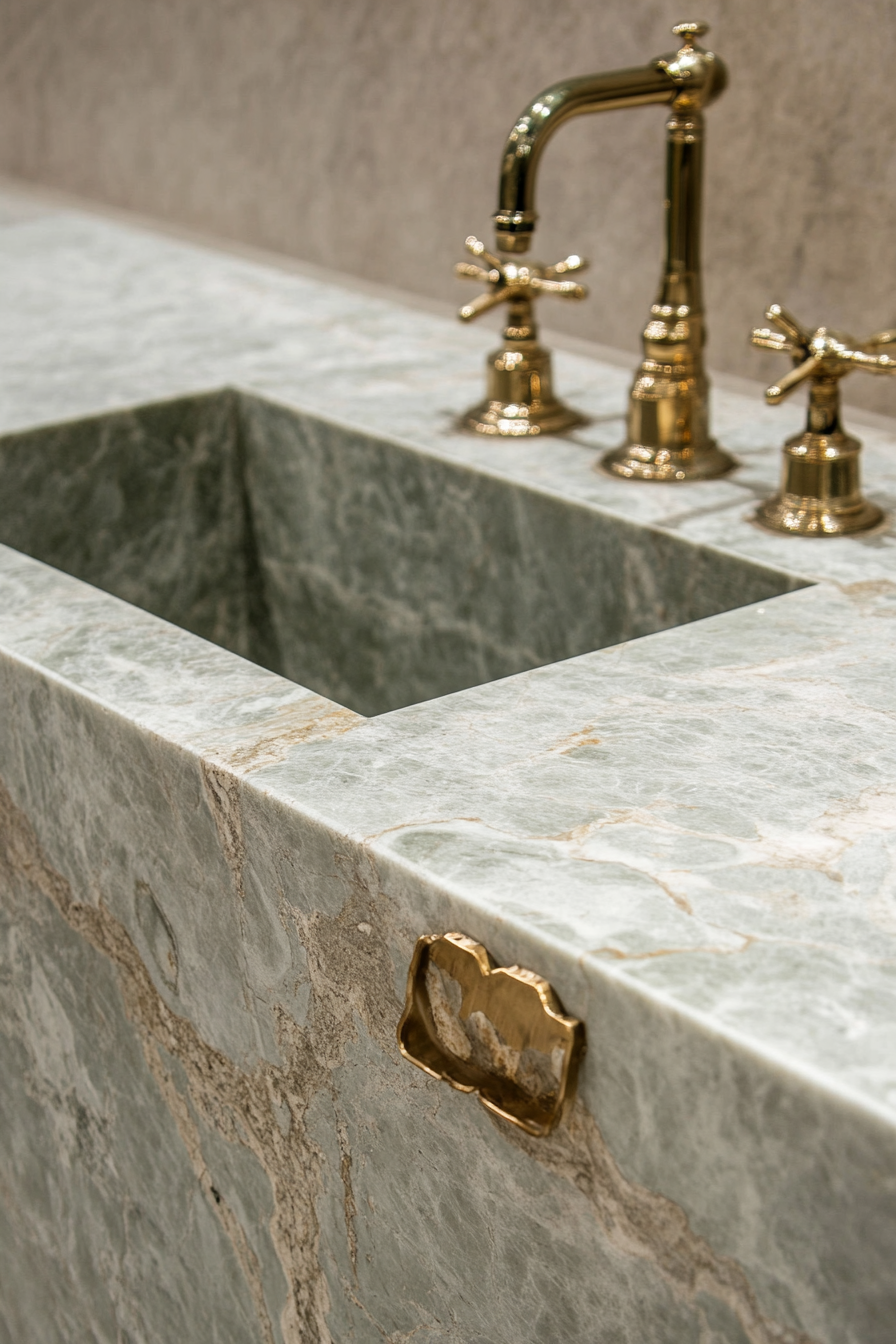 Premium kitchen design. Italian marble kitchen island with brass fixtures.