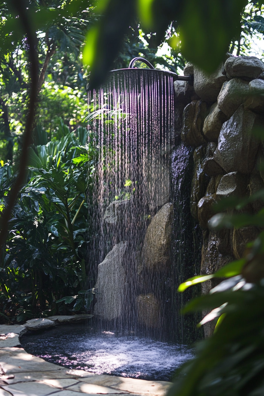 Outdoor shower. Cascading waterfall style heads integrated into natural rock formation, surrounded by tropical flora.