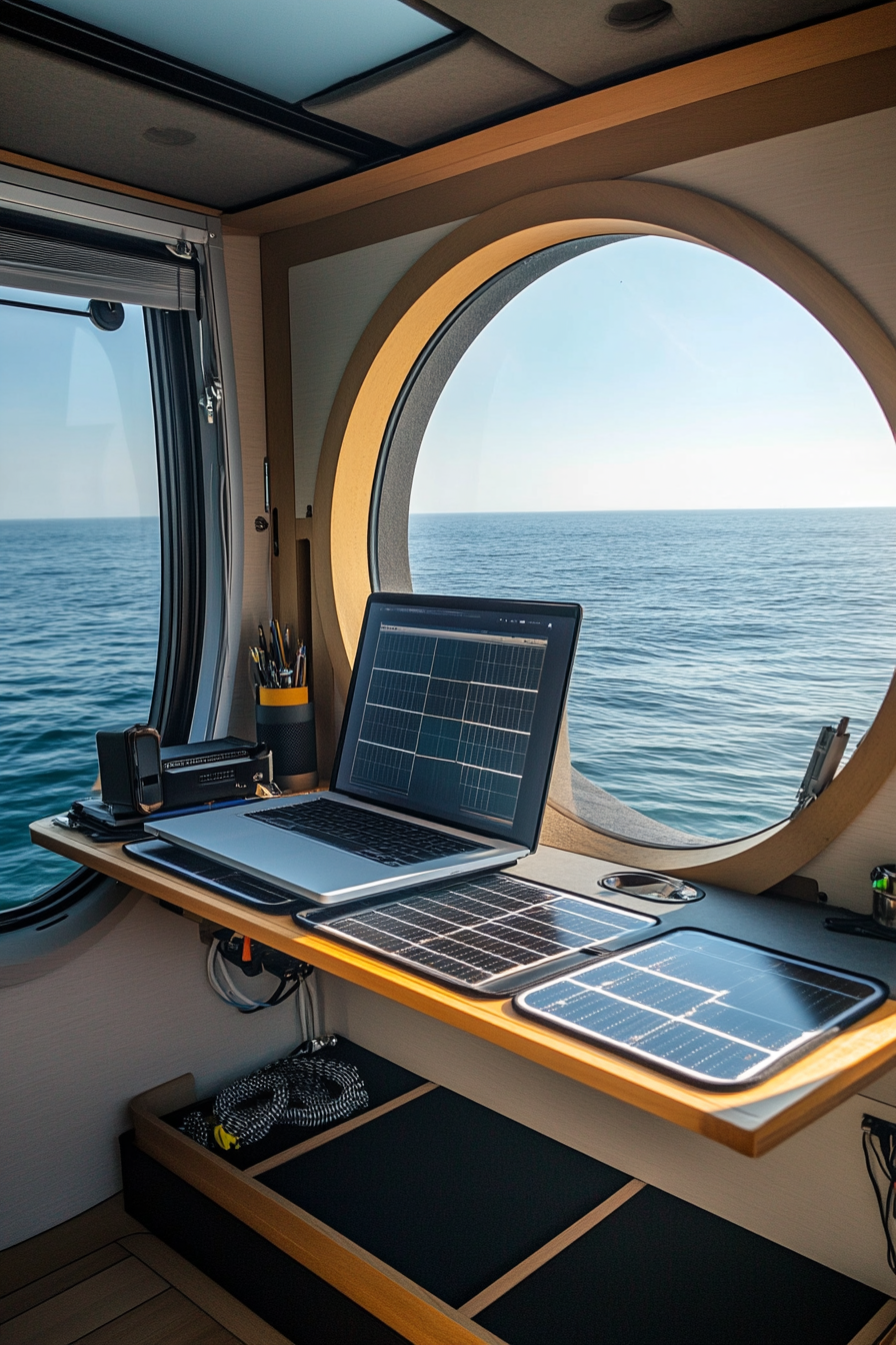 Flexible mobile office. Convertible workstation with integrated folding solar panels facing a large window at sea.