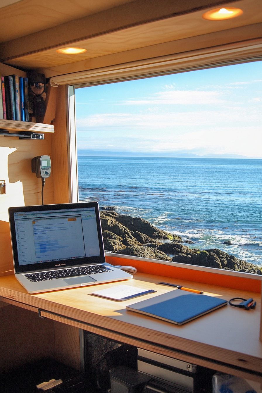 Mobile office. Convertible workstation with solar-powered tech, facing serene ocean view.