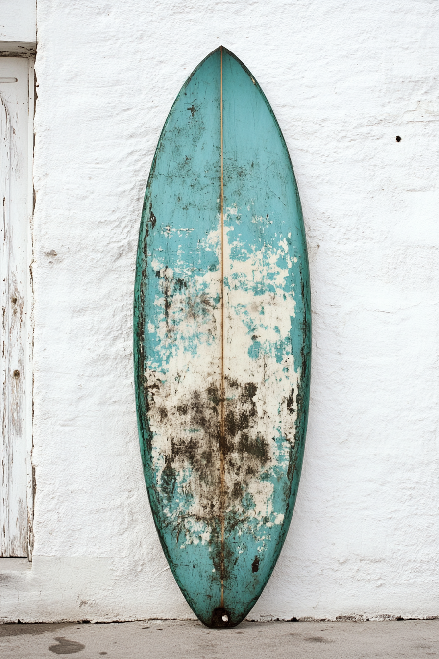 Coastal living. A turquoise vintage surfboard leaning against a whitewashed wall.