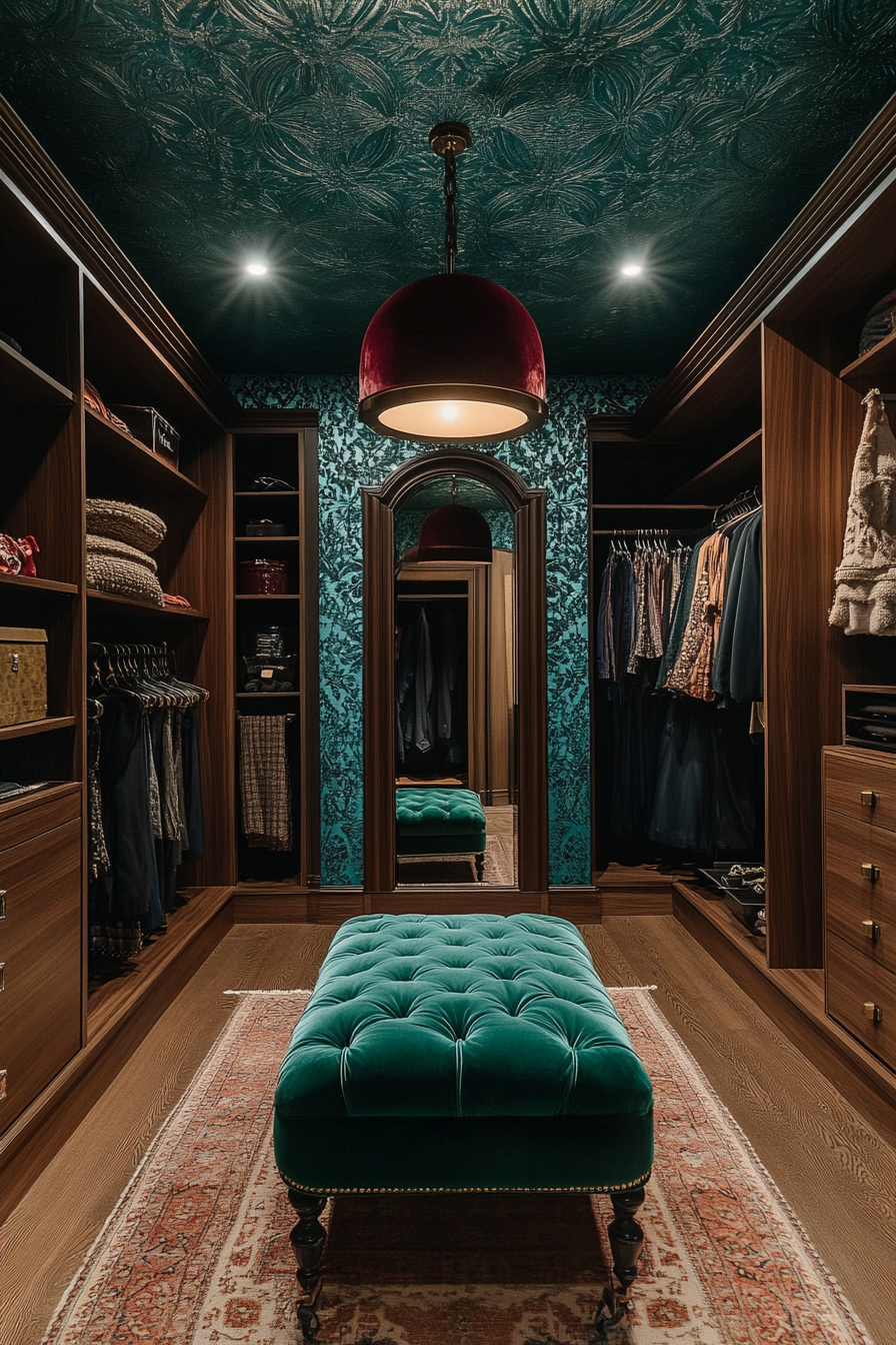 Walk-in closet. Emerald velvet ottoman, ruby pendant light, textured sapphire wallpaper ceiling, smart mirror.