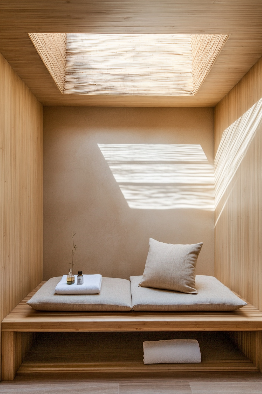 Meditation space. Bamboo bench under skylight with under-seat storage for cushions and essential oil diffuser.