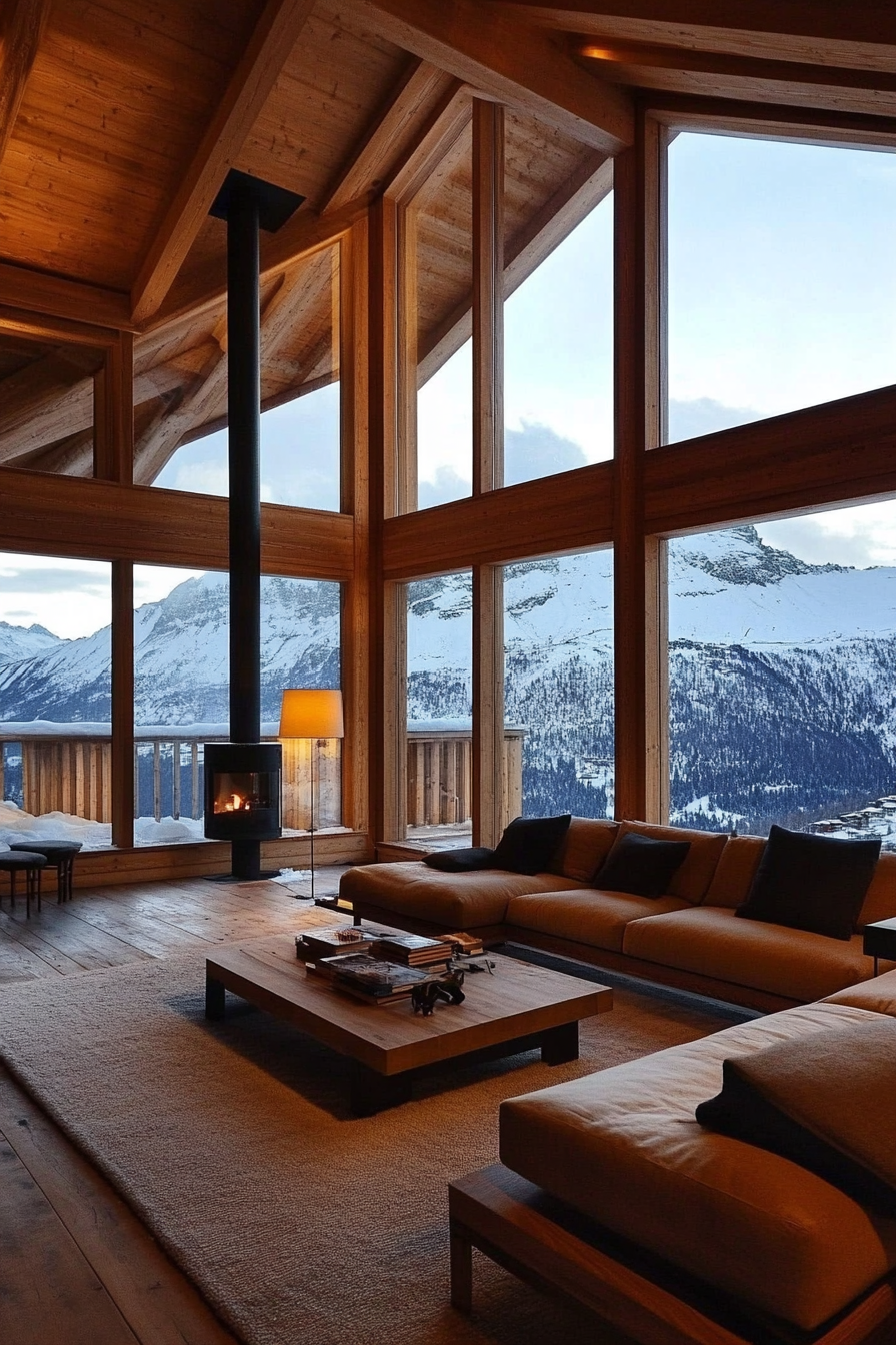 Contemporary alpine living. Oak-paneled cabin with floor-to-ceiling windows overlooking snow-capped mountain.