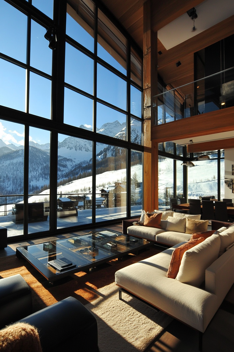 Contemporary Alpine living. Large glass windows showcasing mountain views.