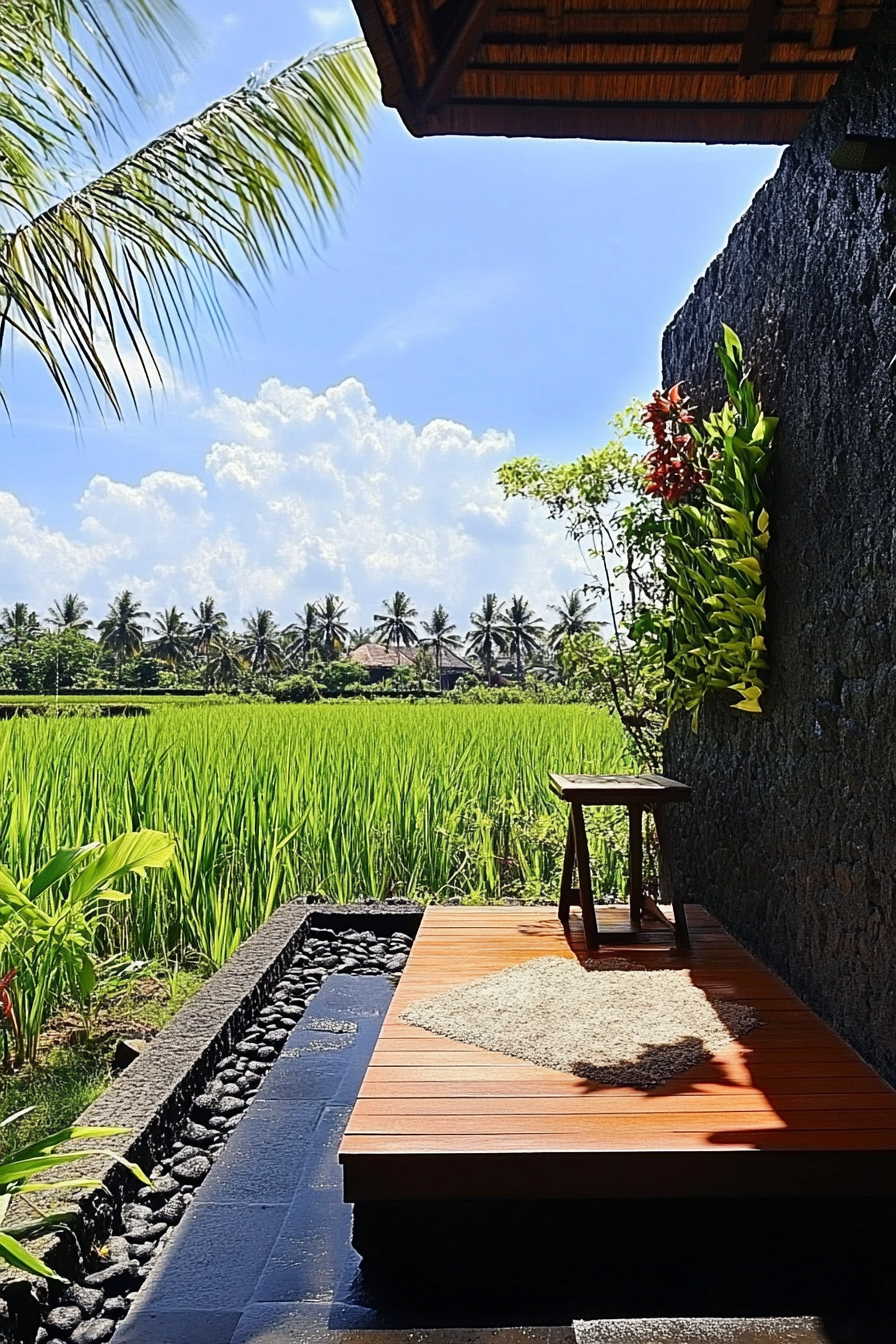 Outdoor shower. Black lava stone walls, teak platform, living orchid wall, overlooking rice paddy.