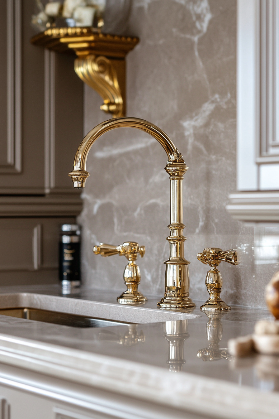 Premium kitchen design. Marble countertops with champagne gold fixtures.