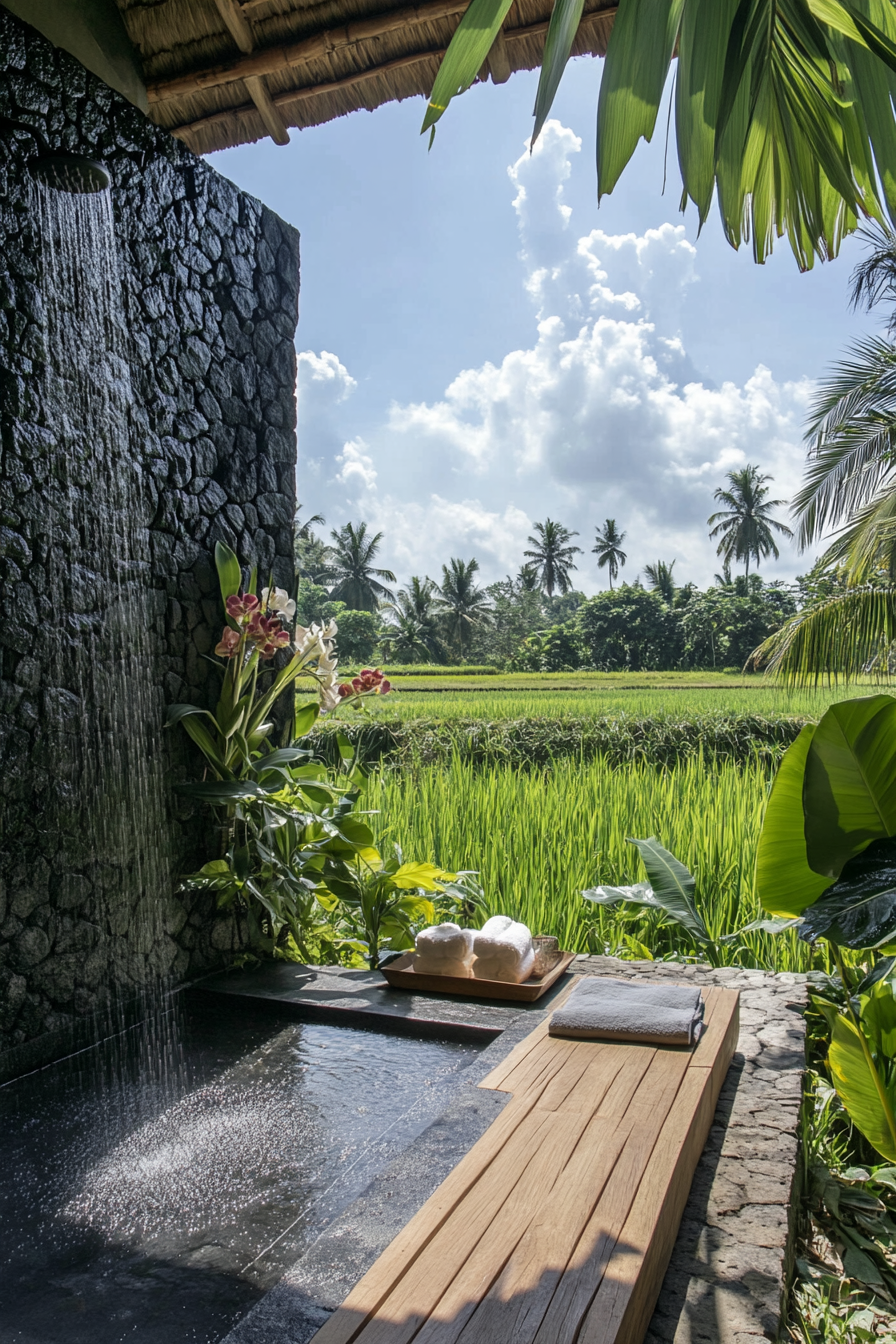 Outdoor shower. Black lava stone walls, teak platform, adjacent living orchid wall, rice paddy view.