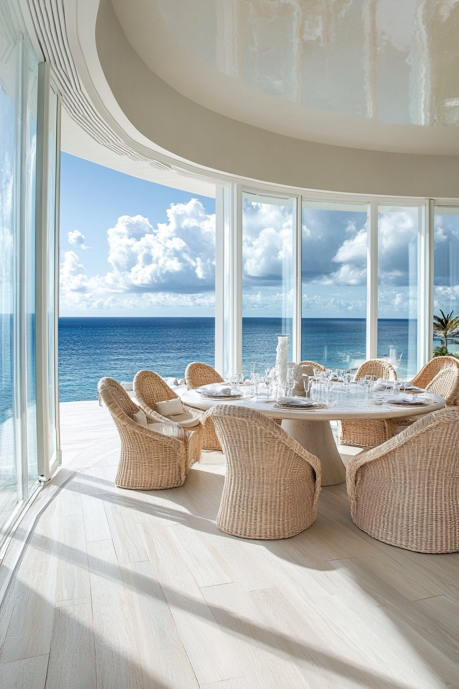 Dining room. Bleached brunette floors, curved rattan chairs, floor-to-ceiling ocean views.